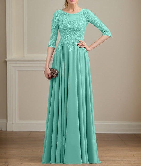 A-line Scoop Illusion Floor-Length Lace Chiffon Mother of the Bride Dress With Sequins
