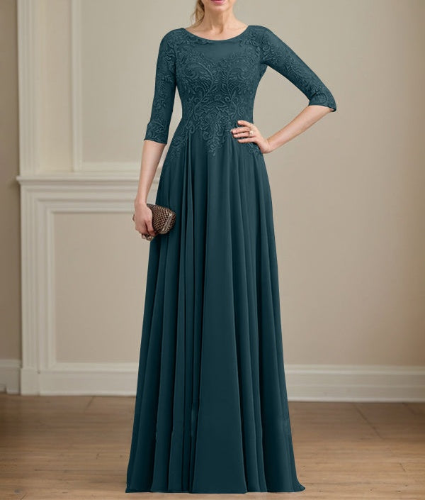 A-line Scoop Illusion Floor-Length Lace Chiffon Mother of the Bride Dress With Sequins