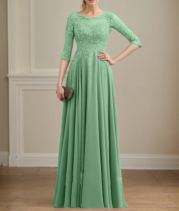 A-line Scoop Illusion Floor-Length Lace Chiffon Mother of the Bride Dress With Sequins