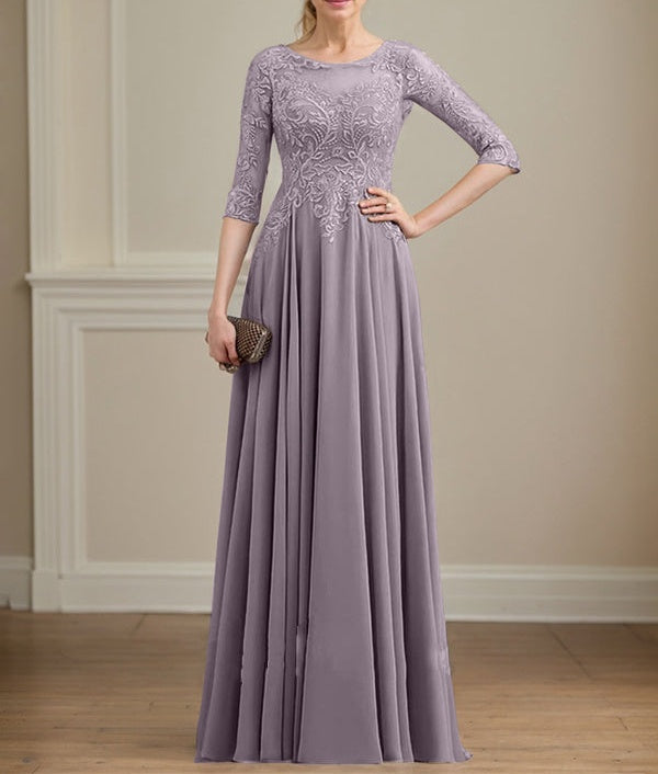 A-line Scoop Illusion Floor-Length Lace Chiffon Mother of the Bride Dress With Sequins