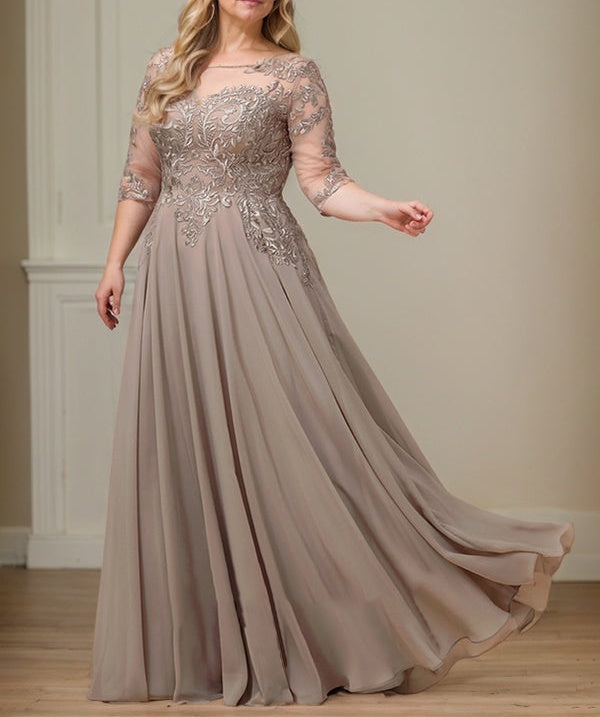 A-line Scoop Illusion Floor-Length Lace Chiffon Mother of the Bride Dress With Sequins