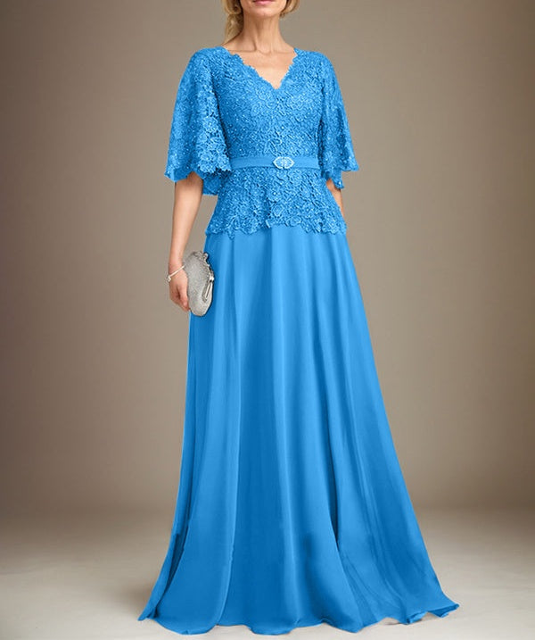 A-line V-Neck Floor-Length Chiffon Lace Mother of the Bride Dress With Crystal Brooch Rhinestone