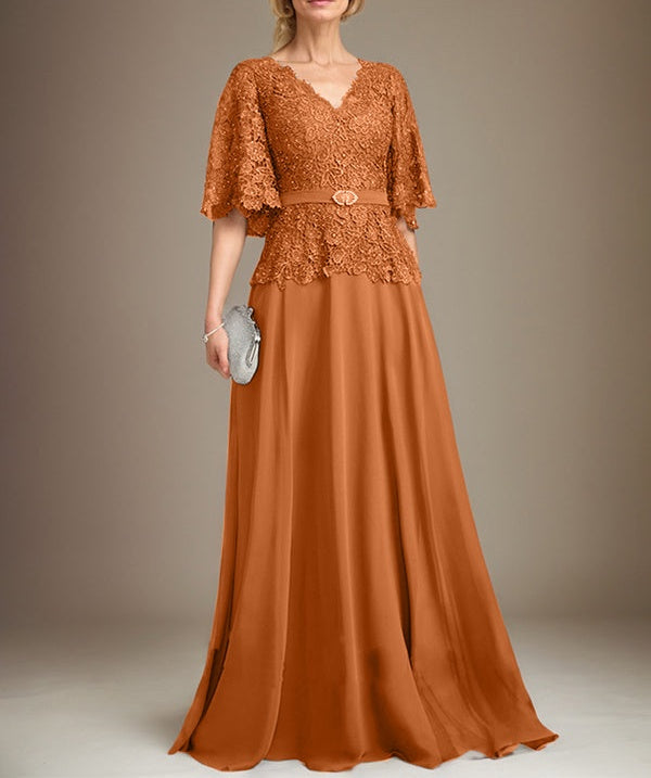 A-line V-Neck Floor-Length Chiffon Lace Mother of the Bride Dress With Crystal Brooch Rhinestone