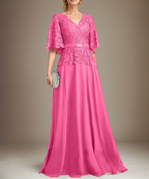 A-line V-Neck Floor-Length Chiffon Lace Mother of the Bride Dress With Crystal Brooch Rhinestone