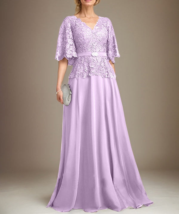 A-line V-Neck Floor-Length Chiffon Lace Mother of the Bride Dress With Crystal Brooch Rhinestone