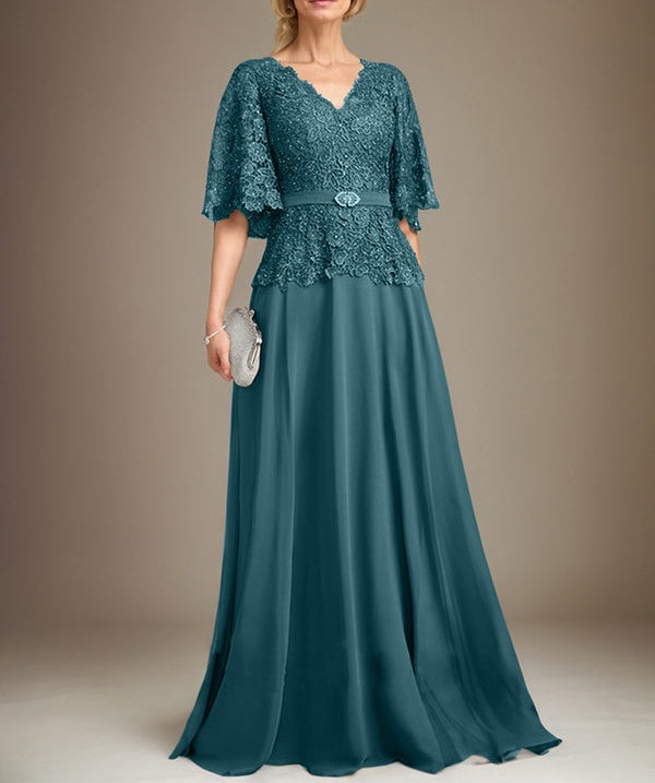 A-line V-Neck Floor-Length Chiffon Lace Mother of the Bride Dress With Crystal Brooch Rhinestone
