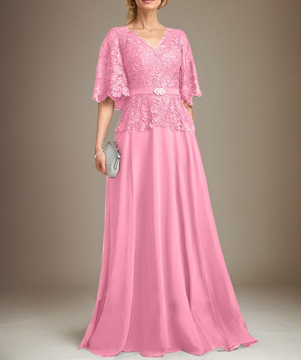 A-line V-Neck Floor-Length Chiffon Lace Mother of the Bride Dress With Crystal Brooch Rhinestone