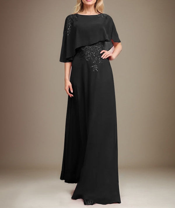 A-line Scoop Floor-Length Chiffon Lace Mother of the Bride Dress With Sequins Beading