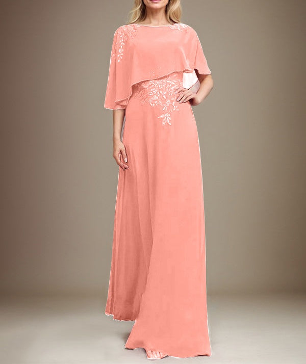 A-line Scoop Floor-Length Chiffon Lace Mother of the Bride Dress With Sequins Beading