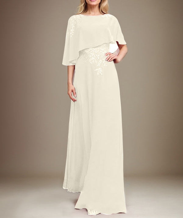 A-line Scoop Floor-Length Chiffon Lace Mother of the Bride Dress With Sequins Beading