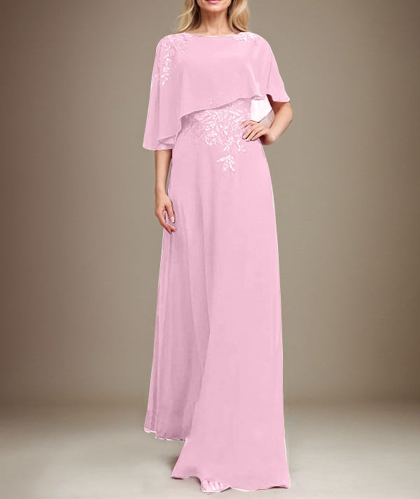 A-line Scoop Floor-Length Chiffon Lace Mother of the Bride Dress With Sequins Beading