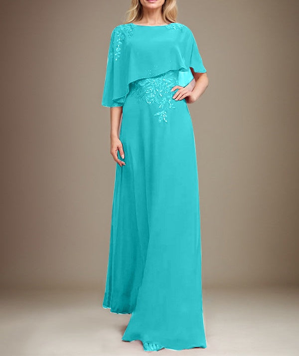 A-line Scoop Floor-Length Chiffon Lace Mother of the Bride Dress With Sequins Beading