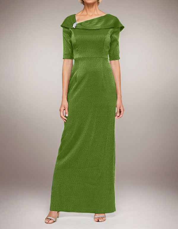 Long Shimmer Column Dress with Foldover Cuff L-Neckline and Elbow Sleeves
