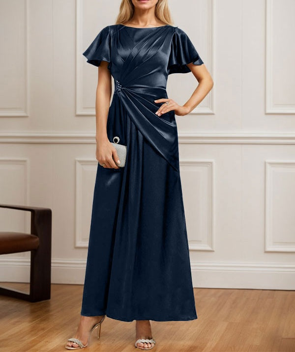 A-line Scoop Ankle-Length Stretch Satin Mother of the Bride Dress With Pleated Beading