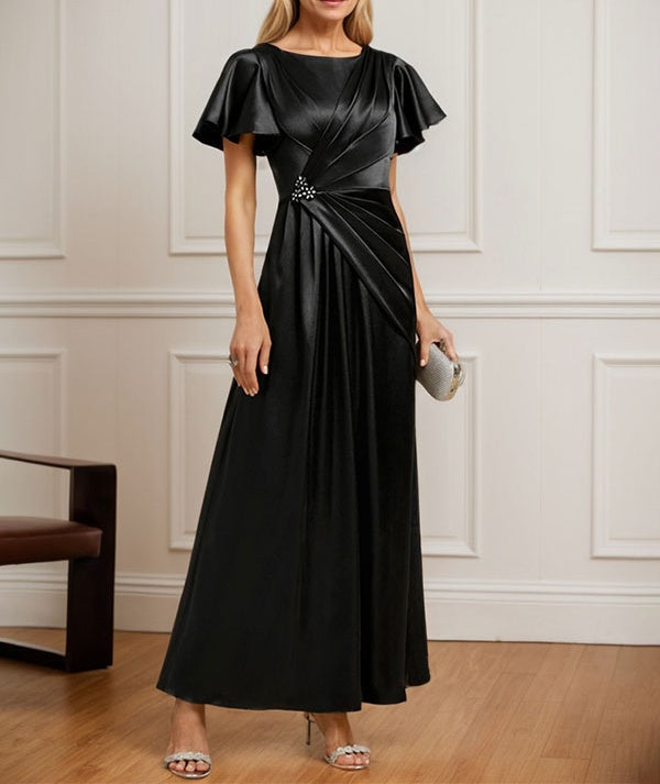 A-line Scoop Ankle-Length Stretch Satin Mother of the Bride Dress With Pleated Beading