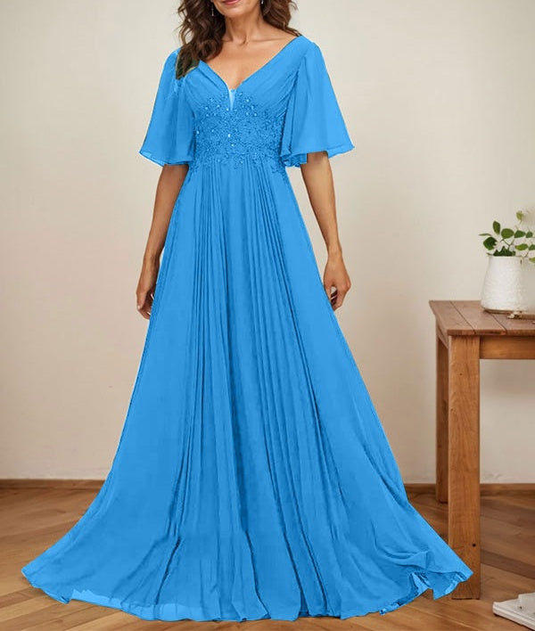 A-line V-Neck Floor-Length Chiffon Mother of the Bride Dress With Sequins Appliques Lace Pleated