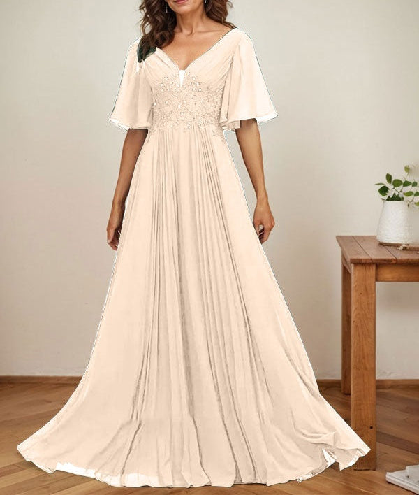 A-line V-Neck Floor-Length Chiffon Mother of the Bride Dress With Sequins Appliques Lace Pleated