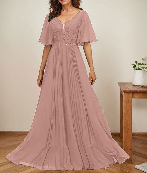 A-line V-Neck Floor-Length Chiffon Mother of the Bride Dress With Sequins Appliques Lace Pleated