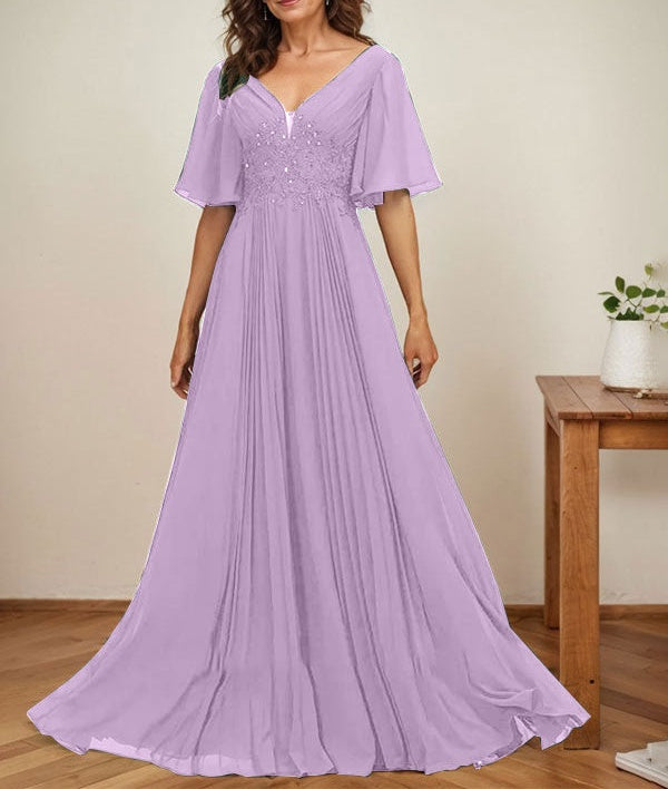 A-line V-Neck Floor-Length Chiffon Mother of the Bride Dress With Sequins Appliques Lace Pleated
