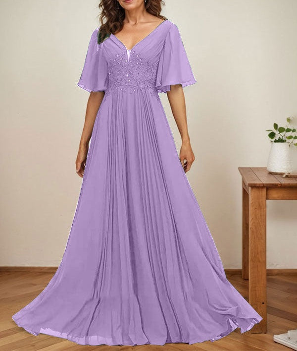 A-line V-Neck Floor-Length Chiffon Mother of the Bride Dress With Sequins Appliques Lace Pleated