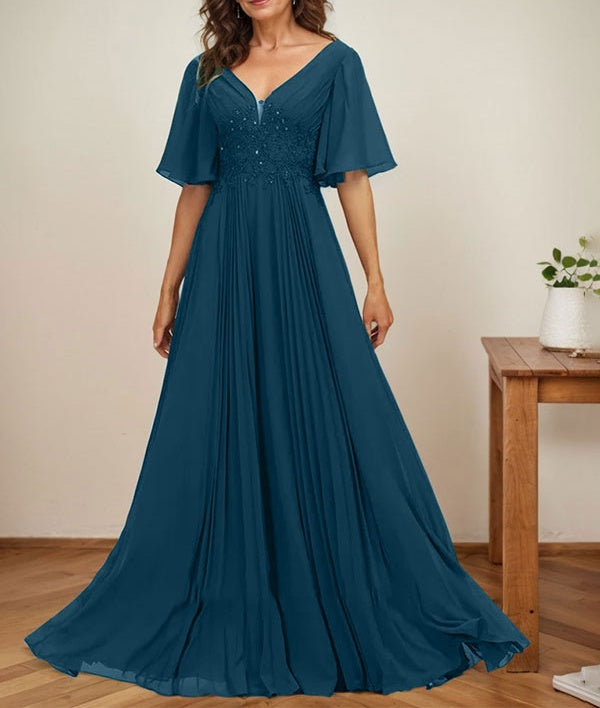 A-line V-Neck Floor-Length Chiffon Mother of the Bride Dress With Sequins Appliques Lace Pleated