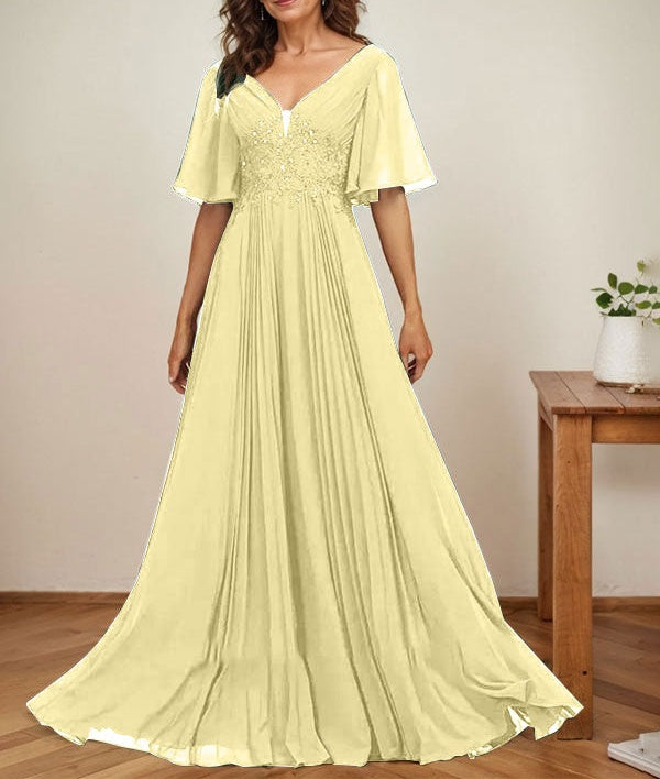 A-line V-Neck Floor-Length Chiffon Mother of the Bride Dress With Sequins Appliques Lace Pleated