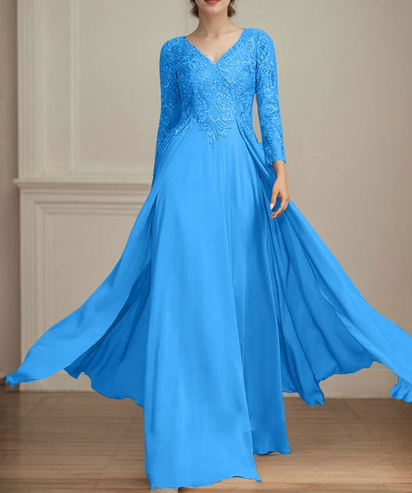 A-line V-Neck Floor-Length Lace Chiffon Mother of the Bride Dress With Sequins