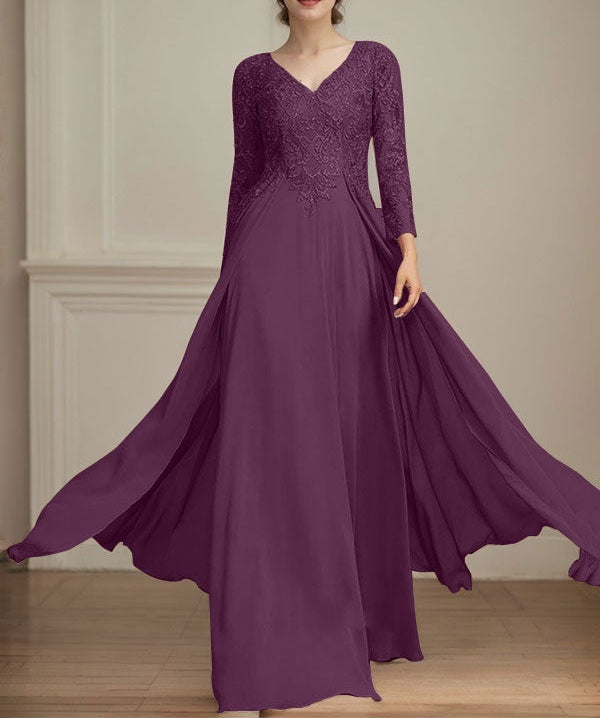 A-line V-Neck Floor-Length Lace Chiffon Mother of the Bride Dress With Sequins