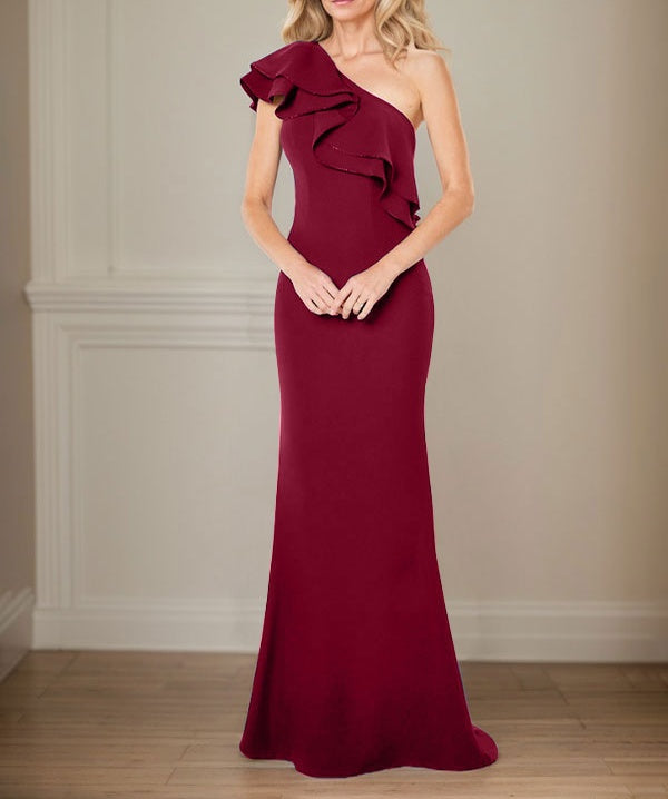A-line One Shoulder Floor-Length Chiffon Mother of the Bride Dress With Ruffles