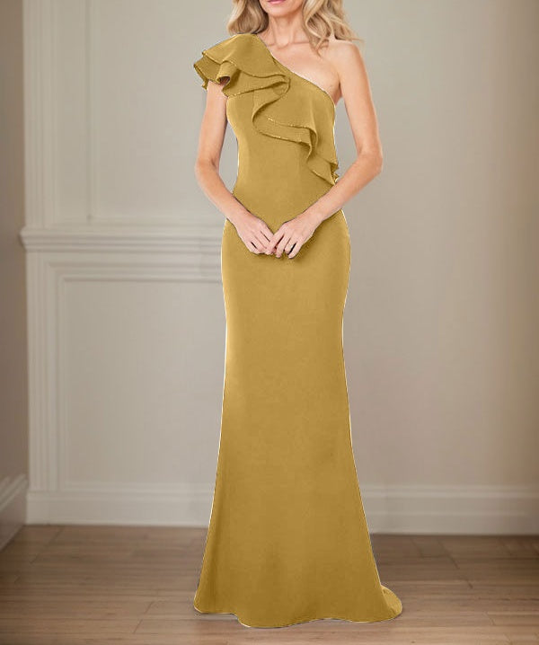 A-line One Shoulder Floor-Length Chiffon Mother of the Bride Dress With Ruffles
