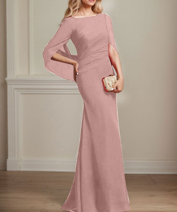 Trumpet/Mermaid Boat Neck Floor-Length Chiffon Mother of the Bride Dress With Pleated