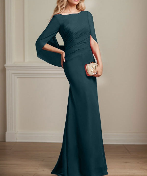 Trumpet/Mermaid Boat Neck Floor-Length Chiffon Mother of the Bride Dress With Pleated