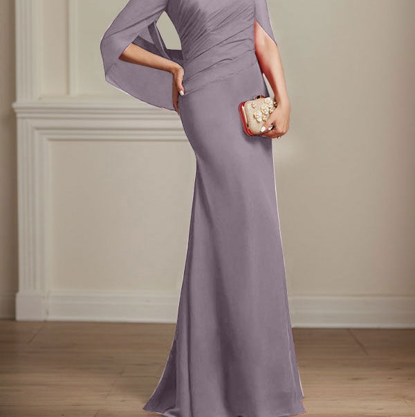 Trumpet/Mermaid Boat Neck Floor-Length Chiffon Mother of the Bride Dress With Pleated