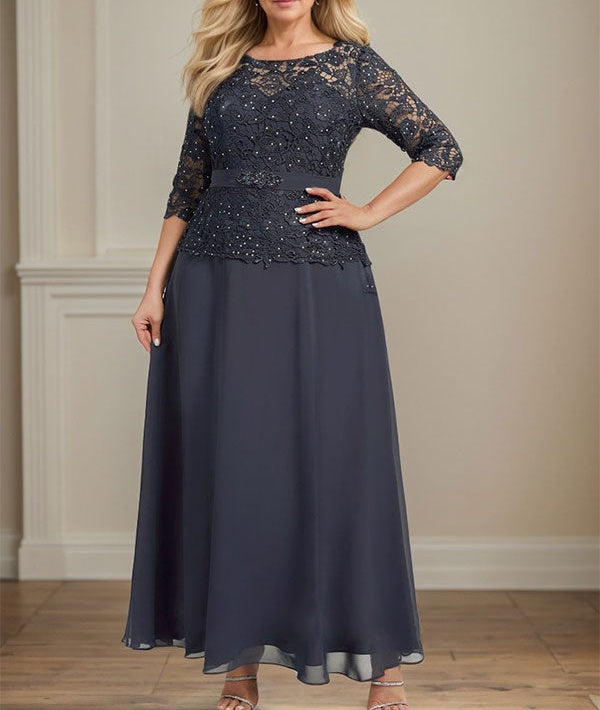 A-line Scoop Illusion Ankle-Length Chiffon Lace Mother of the Bride Dress With Rhinestone Beading