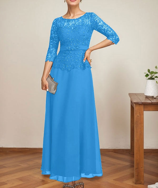A-line Scoop Illusion Ankle-Length Chiffon Lace Mother of the Bride Dress With Rhinestone Beading
