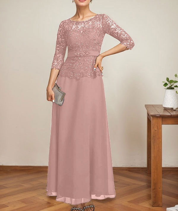 A-line Scoop Illusion Ankle-Length Chiffon Lace Mother of the Bride Dress With Rhinestone Beading