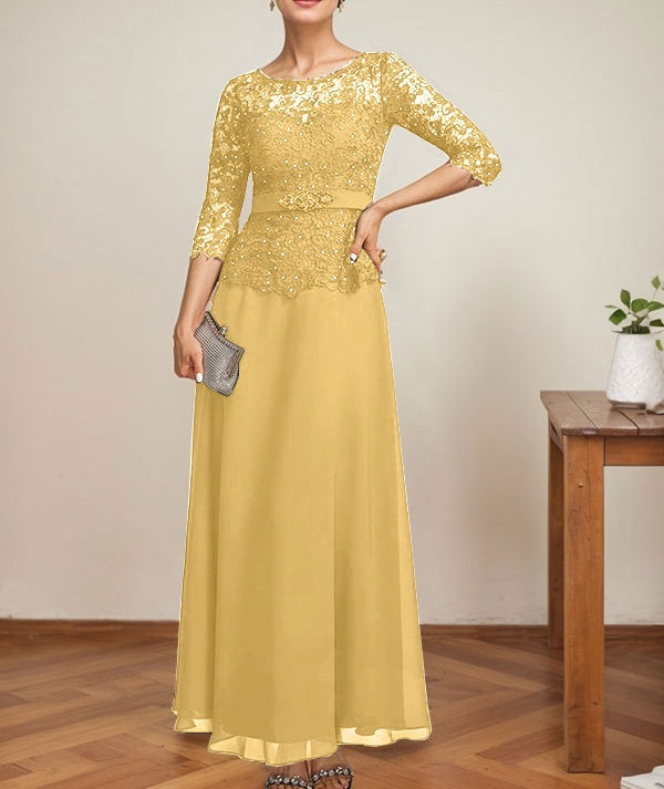 A-line Scoop Illusion Ankle-Length Chiffon Lace Mother of the Bride Dress With Rhinestone Beading