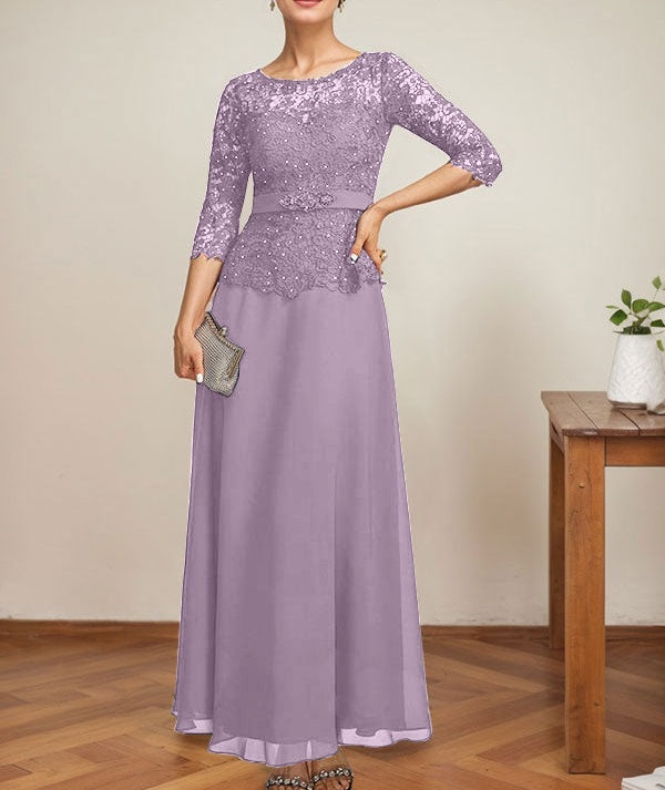 A-line Scoop Illusion Ankle-Length Chiffon Lace Mother of the Bride Dress With Rhinestone Beading