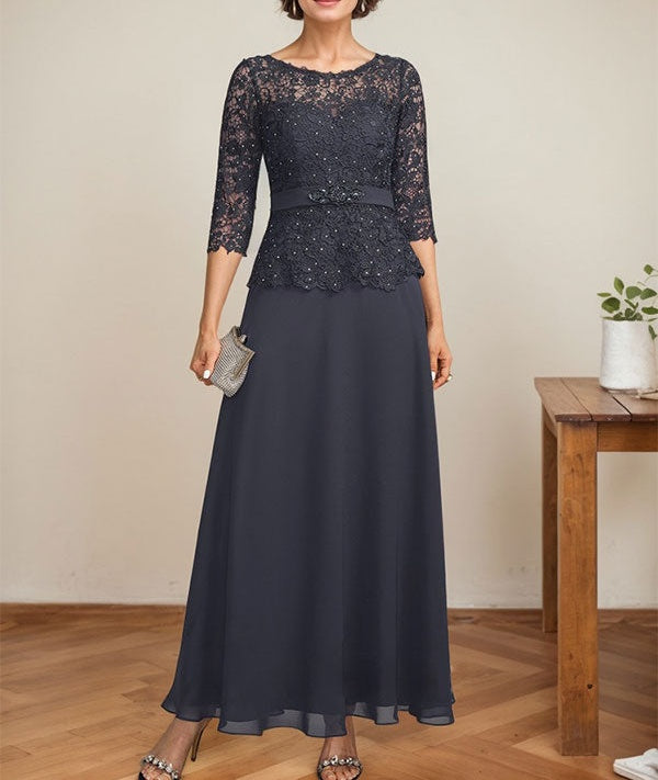 A-line Scoop Illusion Ankle-Length Chiffon Lace Mother of the Bride Dress With Rhinestone Beading