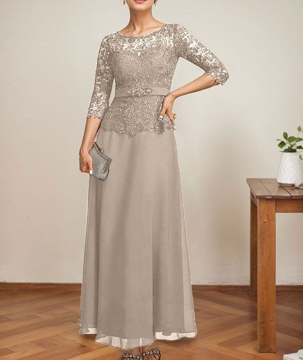 A-line Scoop Illusion Ankle-Length Chiffon Lace Mother of the Bride Dress With Rhinestone Beading