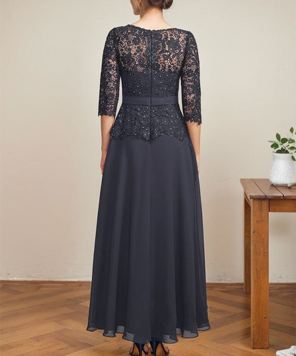 A-line Scoop Illusion Ankle-Length Chiffon Lace Mother of the Bride Dress With Rhinestone Beading