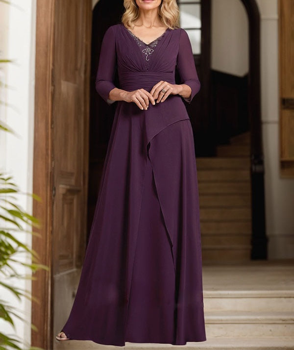 A-line V-Neck Floor-Length Chiffon Mother of the Bride Dress With Pleated Beading
