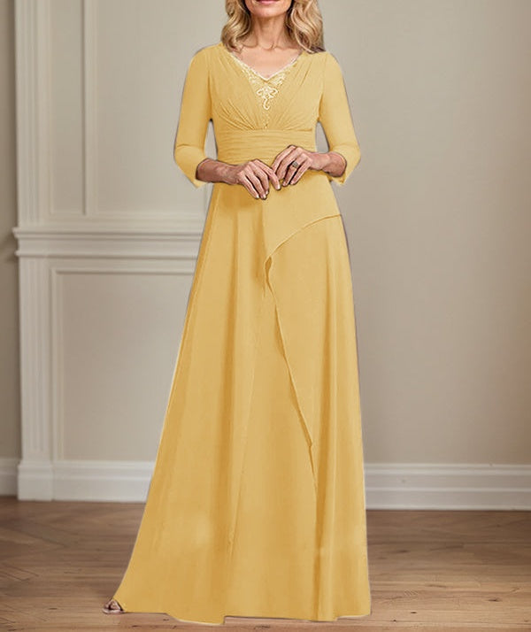 A-line V-Neck Floor-Length Chiffon Mother of the Bride Dress With Pleated Beading