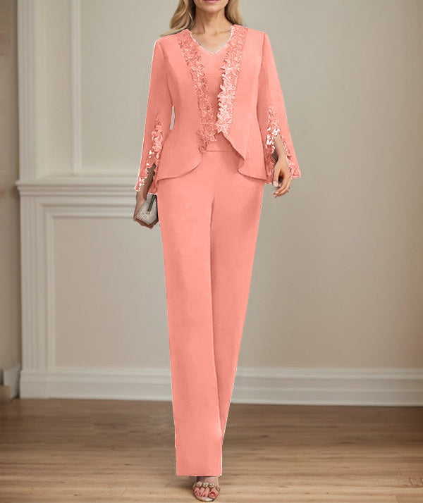 Separates Jumpsuit/Pantsuit V-Neck Floor-Length Chiffon Mother of the Bride Dress