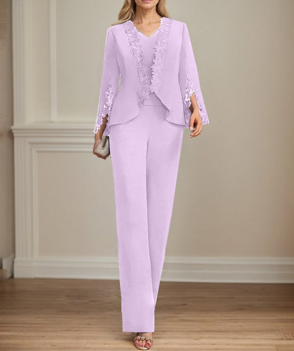 Separates Jumpsuit/Pantsuit V-Neck Floor-Length Chiffon Mother of the Bride Dress