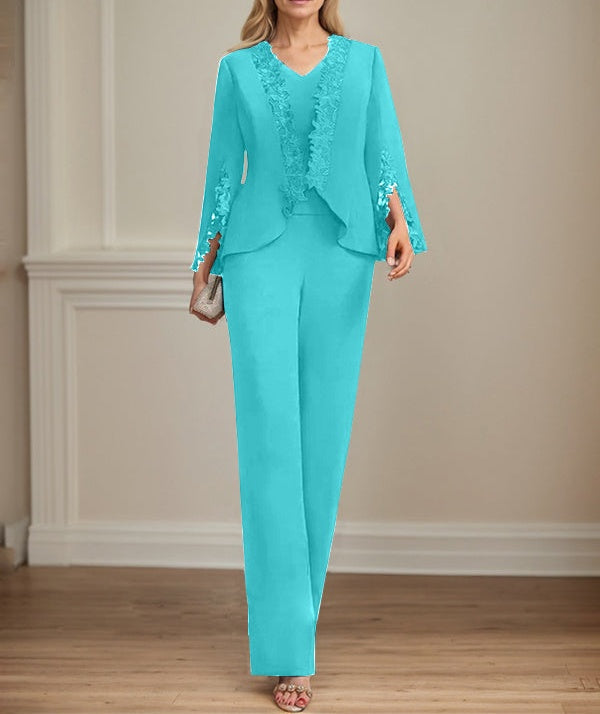 Separates Jumpsuit/Pantsuit V-Neck Floor-Length Chiffon Mother of the Bride Dress