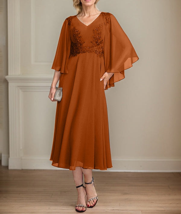 A-line V-Neck Tea-Length Chiffon Lace Mother of the Bride Dress With Beading Sequins