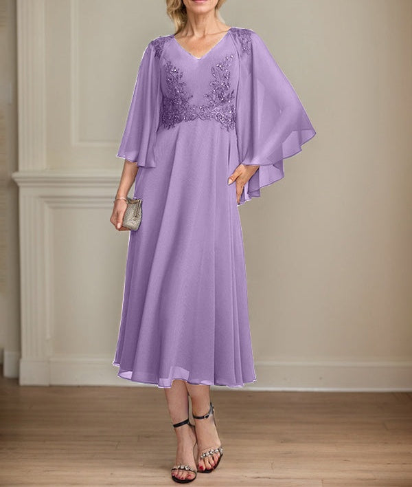 A-line V-Neck Tea-Length Chiffon Lace Mother of the Bride Dress With Beading Sequins