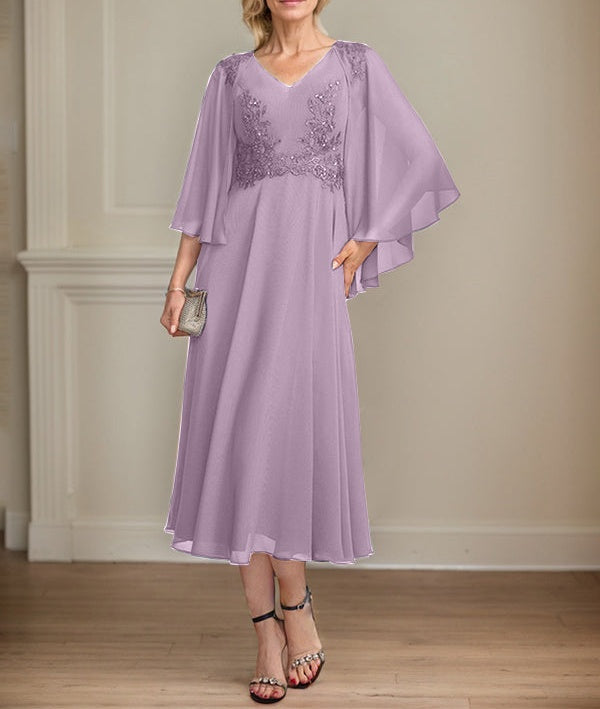 A-line V-Neck Tea-Length Chiffon Lace Mother of the Bride Dress With Beading Sequins
