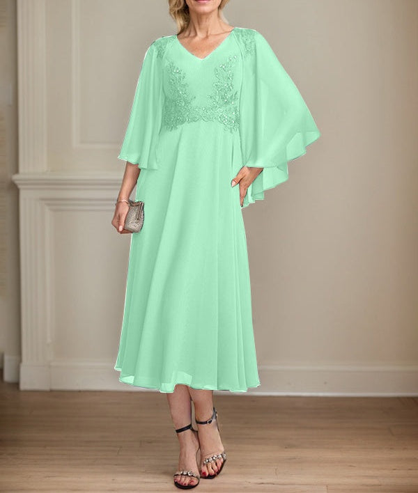A-line V-Neck Tea-Length Chiffon Lace Mother of the Bride Dress With Beading Sequins